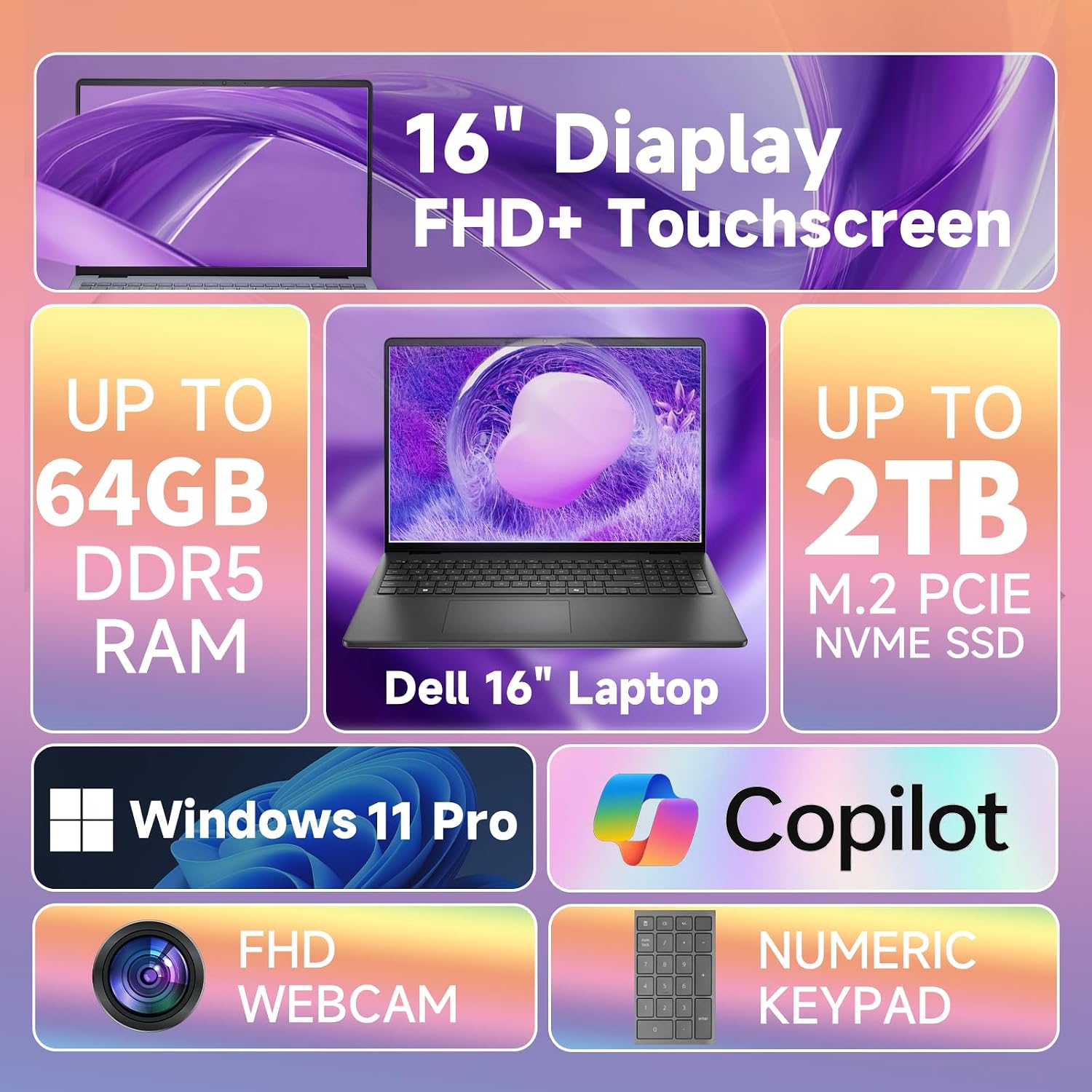 Dell 16' FHD+ Touchscreen Laptop Computer - Intel Core i7-150U Processor(10 Core, Up to 5.4Ghz), 300nits Display, Backlit Keyboard, Windows 11 Pro((32GB DDR5 RAM, 1TB SSD)
