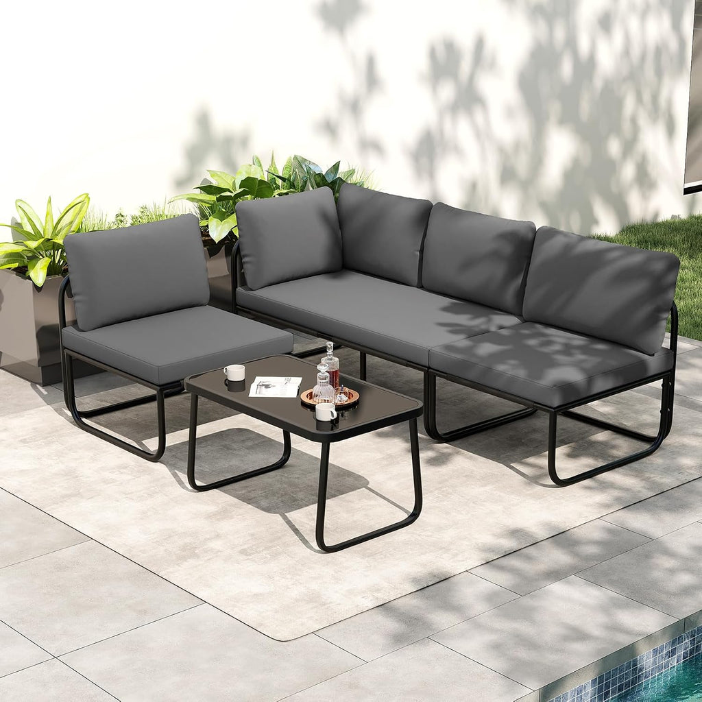 Tangkula 4 Pieces L Shaped Patio Furniture Set, Outdoor Metal Sectional Sofa Couch with Cushions and Tempered Glass Coffee Table, Outside Conversation Set for Garden, Deck and Yard (Gray,2)