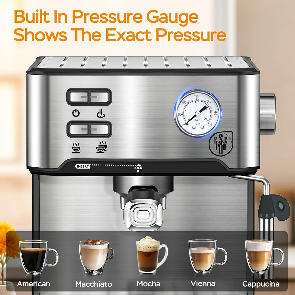 Plum chef 20 Bar Espresso Machine with Milk Frother, Dual Shot Coffee Maker, ESE Pod, Coffee Machine with Pressure Display, 54 OZ Removable Water Tank for Home Barista (Silver)