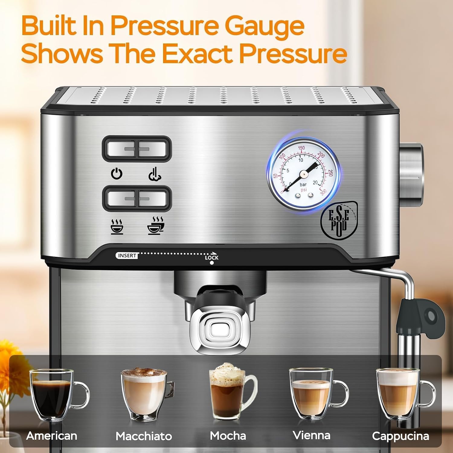 Plum chef 20 Bar Espresso Machine with Milk Frother, Dual Shot Coffee Maker, ESE Pod, Coffee Machine with Pressure Display, 54 OZ Removable Water Tank for Home Barista (Silver)