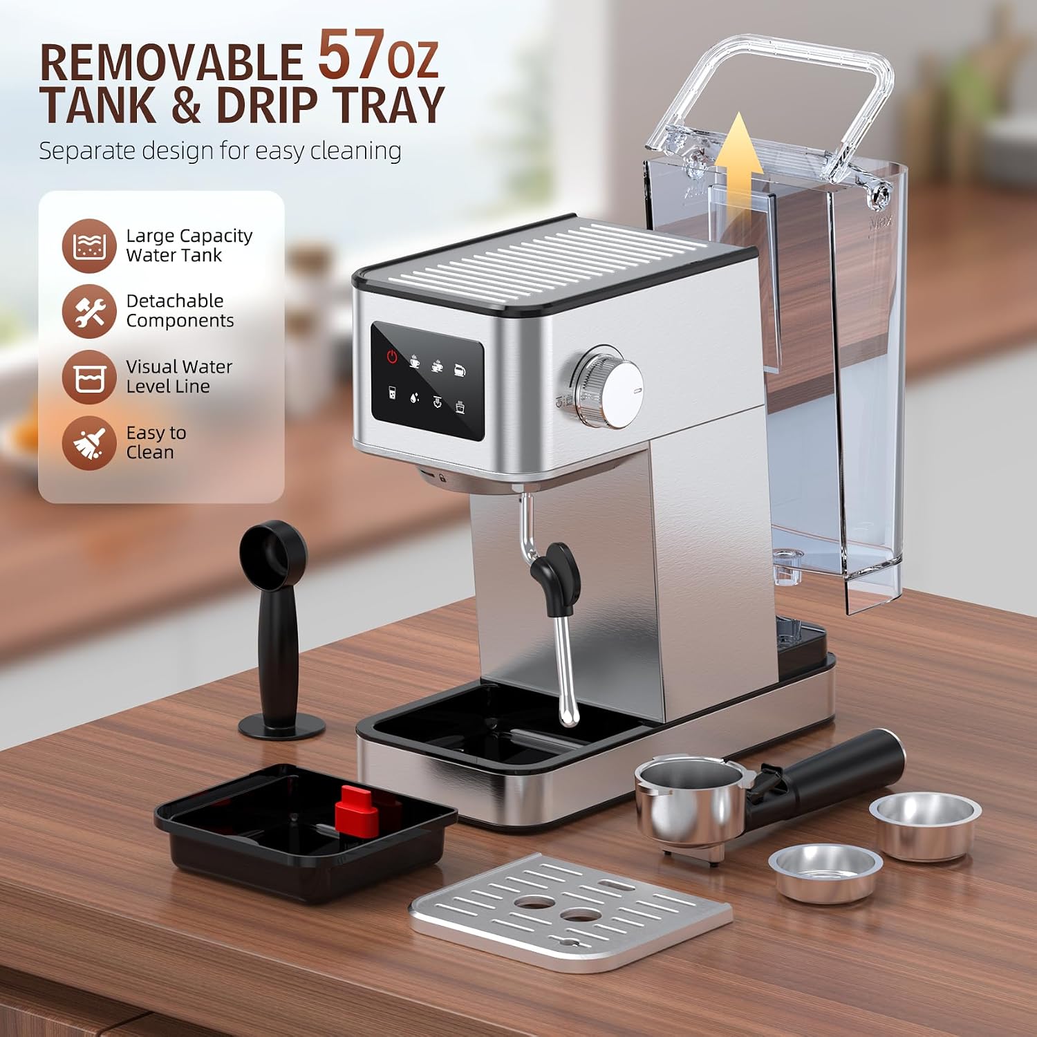 Espresso Machine with Milk Frother, 20 Bar Compact Coffee Machine with Touch Screen & 57.5oz Removable Water Tank for Home, Stainless Steel Espresso Maker for Cappuccino, Latte, Silver