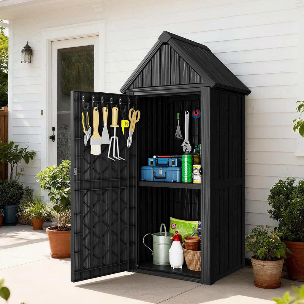 Outdoor Resin Storage Shed, Outdoor Storage Cabinet Waterproof with Hooks and Lock Ring, Multifunctional Storage Shed with Floor and Removable Shelves, All Weather Tool Shed for Patio, Lawn, Gray