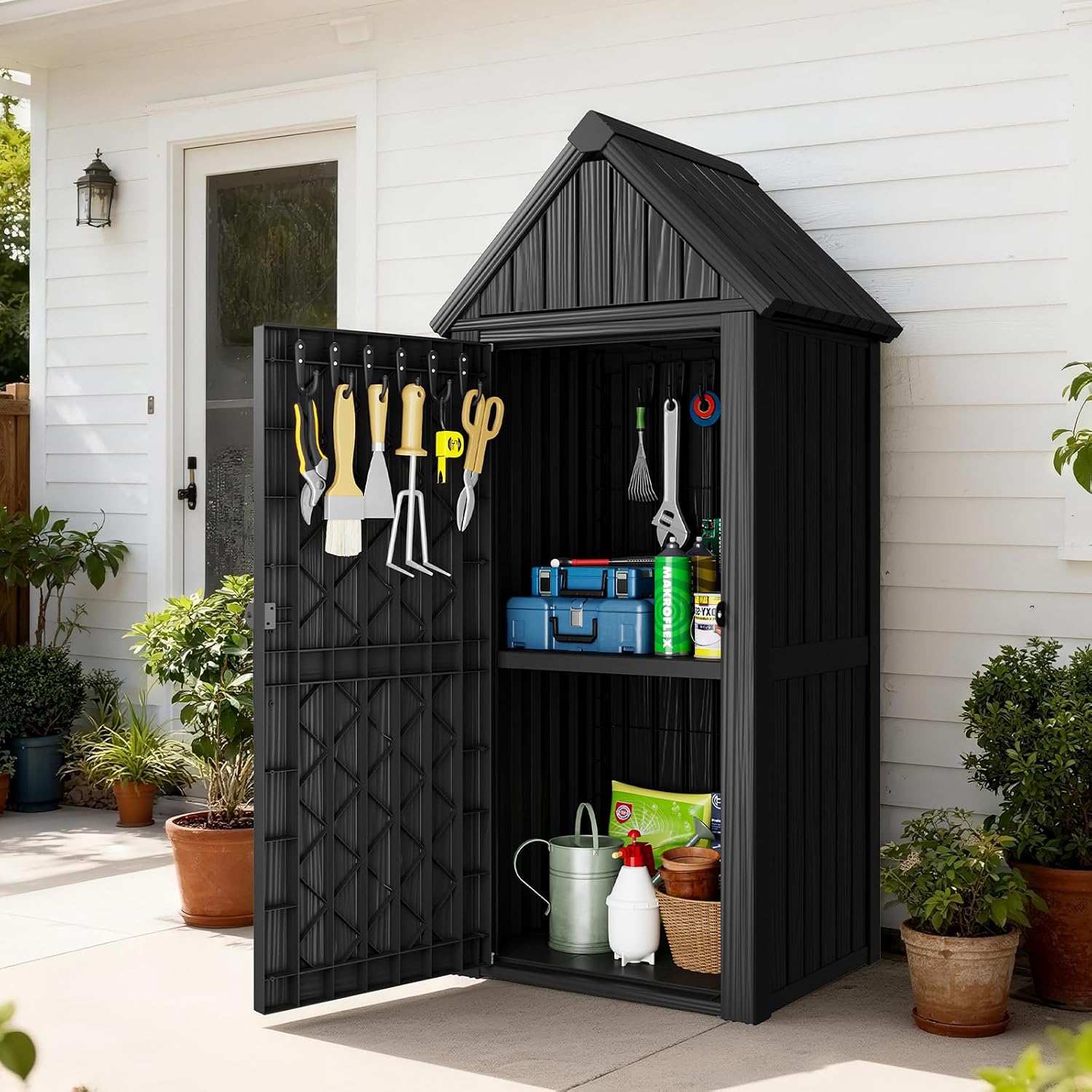Outdoor Resin Storage Shed, Outdoor Storage Cabinet Waterproof with Hooks and Lock Ring, Multifunctional Storage Shed with Floor and Removable Shelves, All Weather Tool Shed for Patio, Lawn, Gray