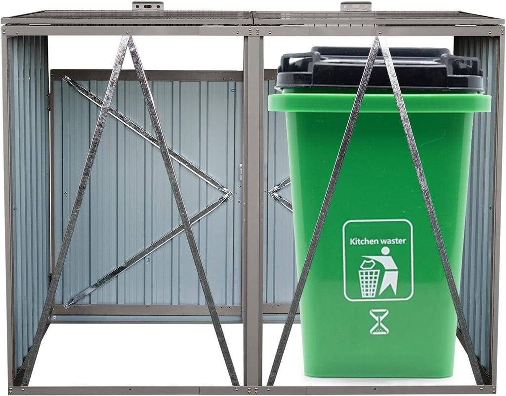 Outdoor Trash Can Storage, Garbage Bin Shed Stores 2 Trash Cans, Metal Outdoor Storage Shed for Garbage Cans, Garden Accessories, Backyard, and Patio Use, Lockable, Light Grey