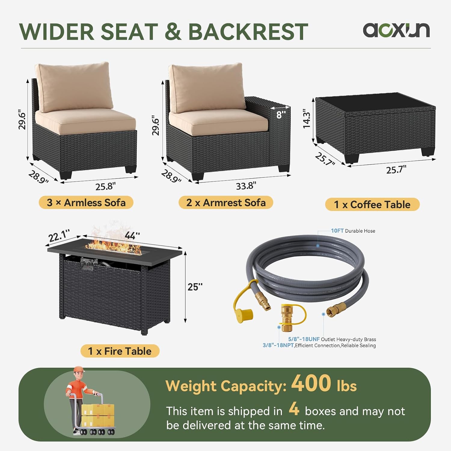 Aoxun Patio Furniture Set with 44'' Fire Pit Table, 7 Pcs Outdoor Patio Furniture Sets with 4in Thicken Cushion, Widen Armrests Wicker Outdoor Sectional for Backyard with Cover and Gas Converter