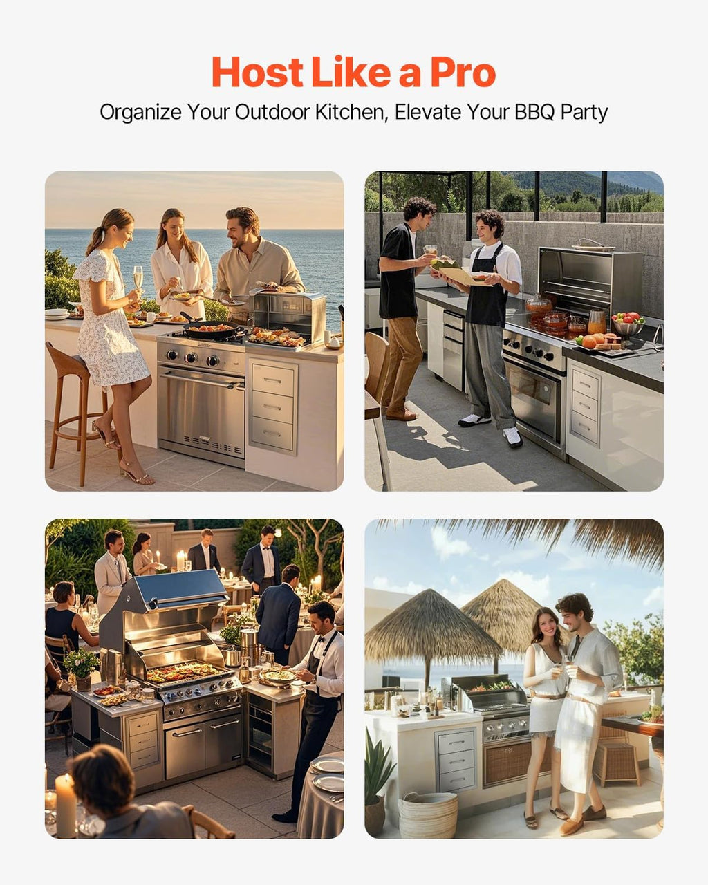 VEVOR Outdoor Kitchen Drawer 16' W x 21.5' H x 18' D, Outdoor Kitchen Cabinets, BBQ Drawer Stainless Steel, Flush Mount Triple Access, with Handle, BBQ Island, Outdoor Grill Patio Grill Station