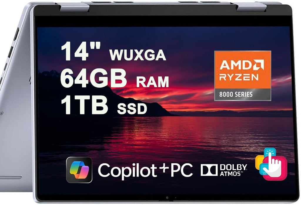 Dell Inspiron 14 7445 2-in-1 Laptop 14' WUXGA Comfortview Touchscreen AMD 6-core Ryzen 5 8640HS (>i7-1355U) 64GB RAM 1TB SSD Backlit for Creator Business Professional Work Win11