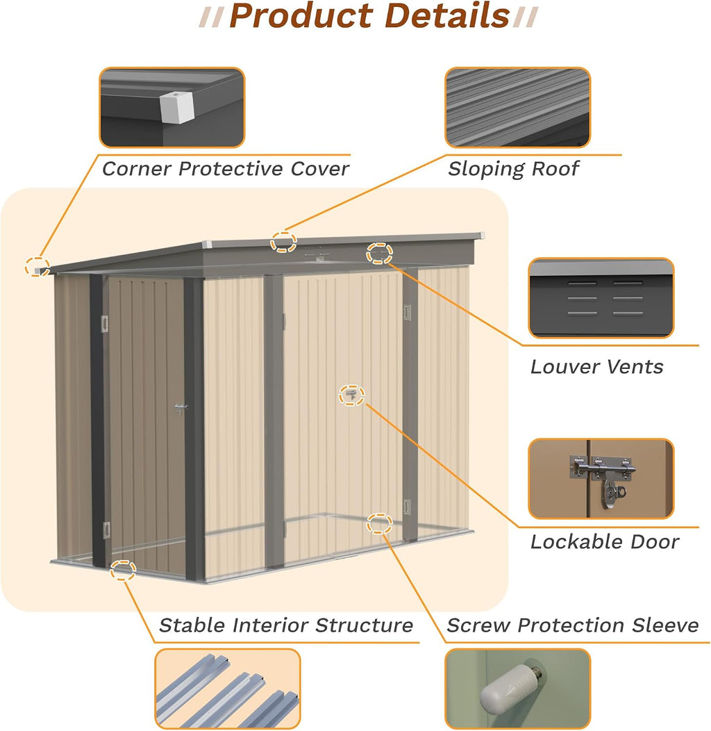 Greesum 8x4FT Outdoor Storage Shed, Metal Shed with Triple Lockable Door, Utility Tool Storaged Garden Shed with Slopping Roof for Patio Storage, Brown