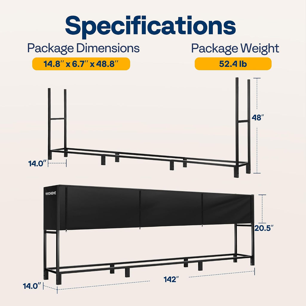 VIVOHOME Upgraded Heavy Duty 12 ft 3/4 Cord Firewood Rack Outdoor with Cover Combo Set, Thick Steel Log Holder Up to 4400 lb, Fire Wood Pile Storage Stand Organizer Black