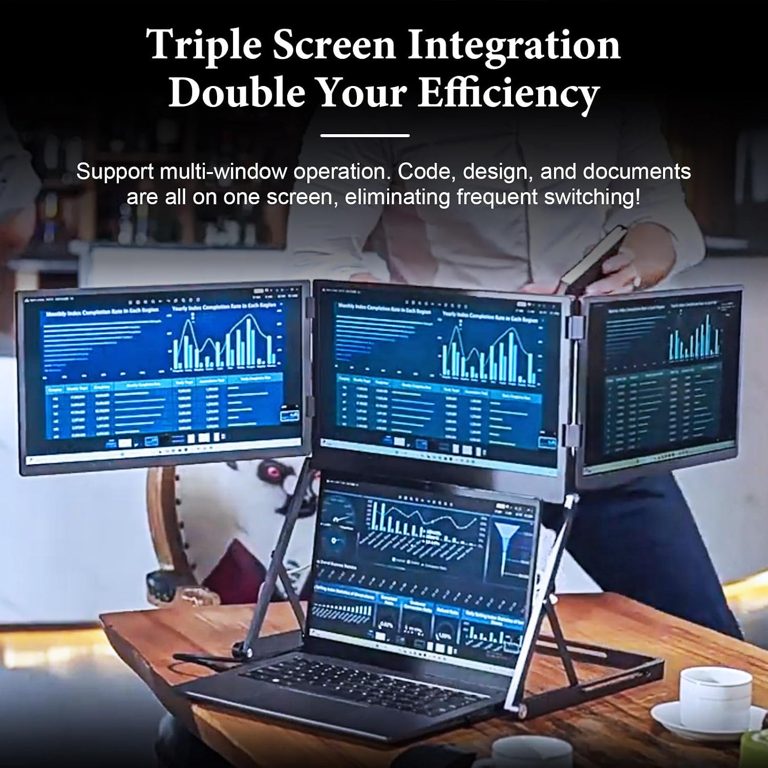 15.6' Portable Triple Monitor for Laptop, Full HD IPS Screen Extender, Play USB-C HDMI Multi-Screen Display for Windows, MacBook, Designers