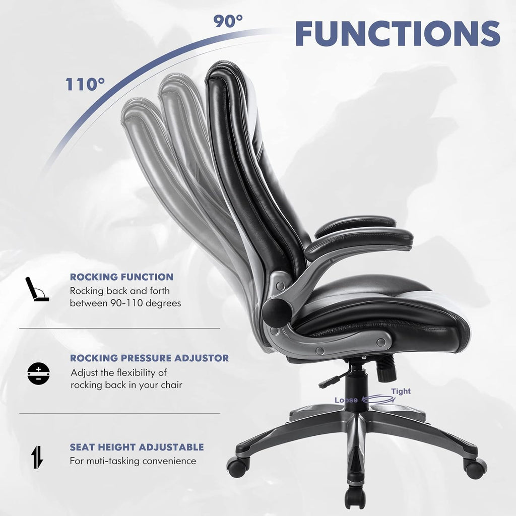 MALOL Leather Executive Office Chair - High Back Home Computer Desk Chair with Padded Flip-up Arms, Adjustable Tilt Lock, Swivel Rolling Ergonomic Chair for Adult Working Study, Black