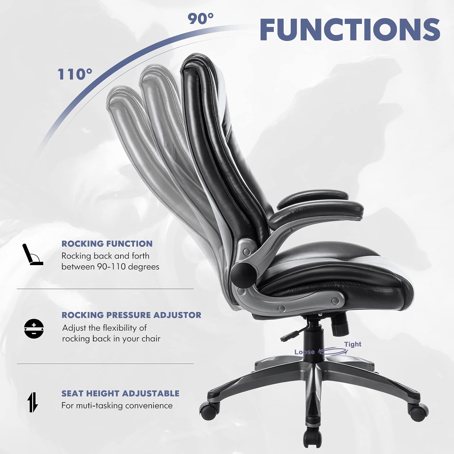 MALOL Leather Executive Office Chair - High Back Home Computer Desk Chair with Padded Flip-up Arms, Adjustable Tilt Lock, Swivel Rolling Ergonomic Chair for Adult Working Study, Black