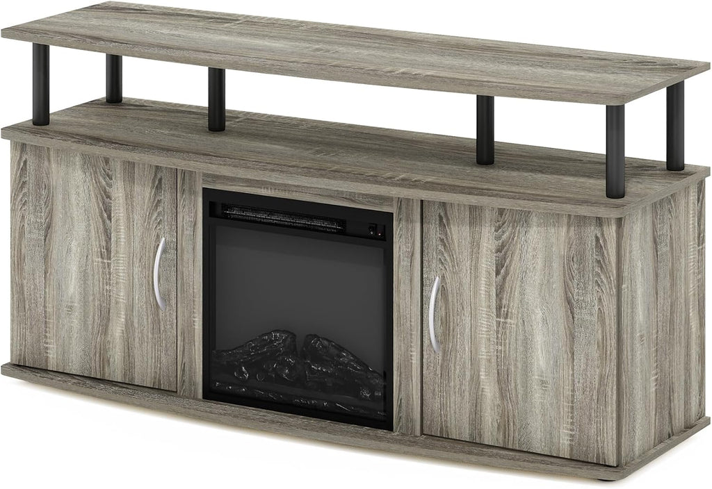 Furinno Jensen Fireplace TV Stand, Entertainment Center, TV Console for TV up to 55 Inch with Fireplace and Doors Storage Cabinet, for Living Room, Bedroom, French Oak Grey