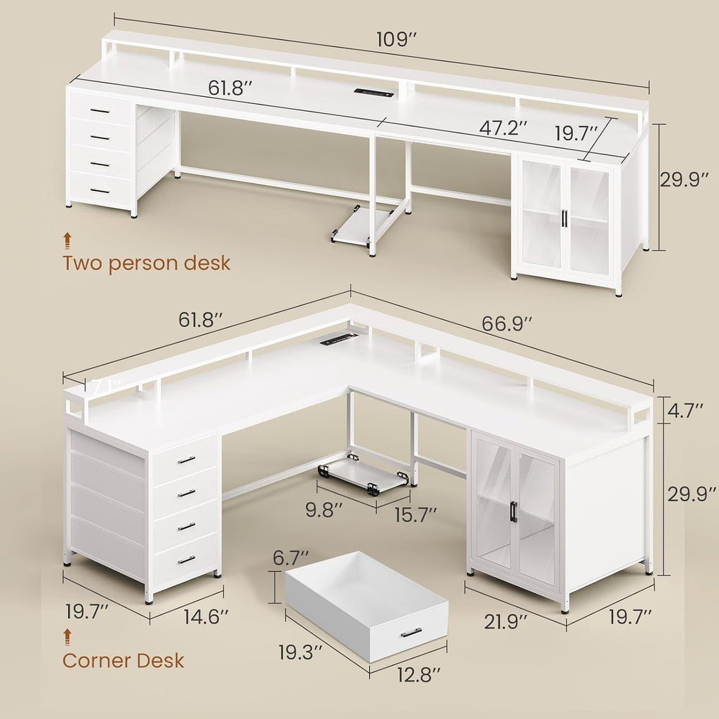 SEDETA L Shaped Gaming Desk with 4 Drawers, 109' Computer Desk with Display Cabinet, Home Office Desks with 2 Monitor Stands, CPU Stand, LED Lights and Power Outlet, White