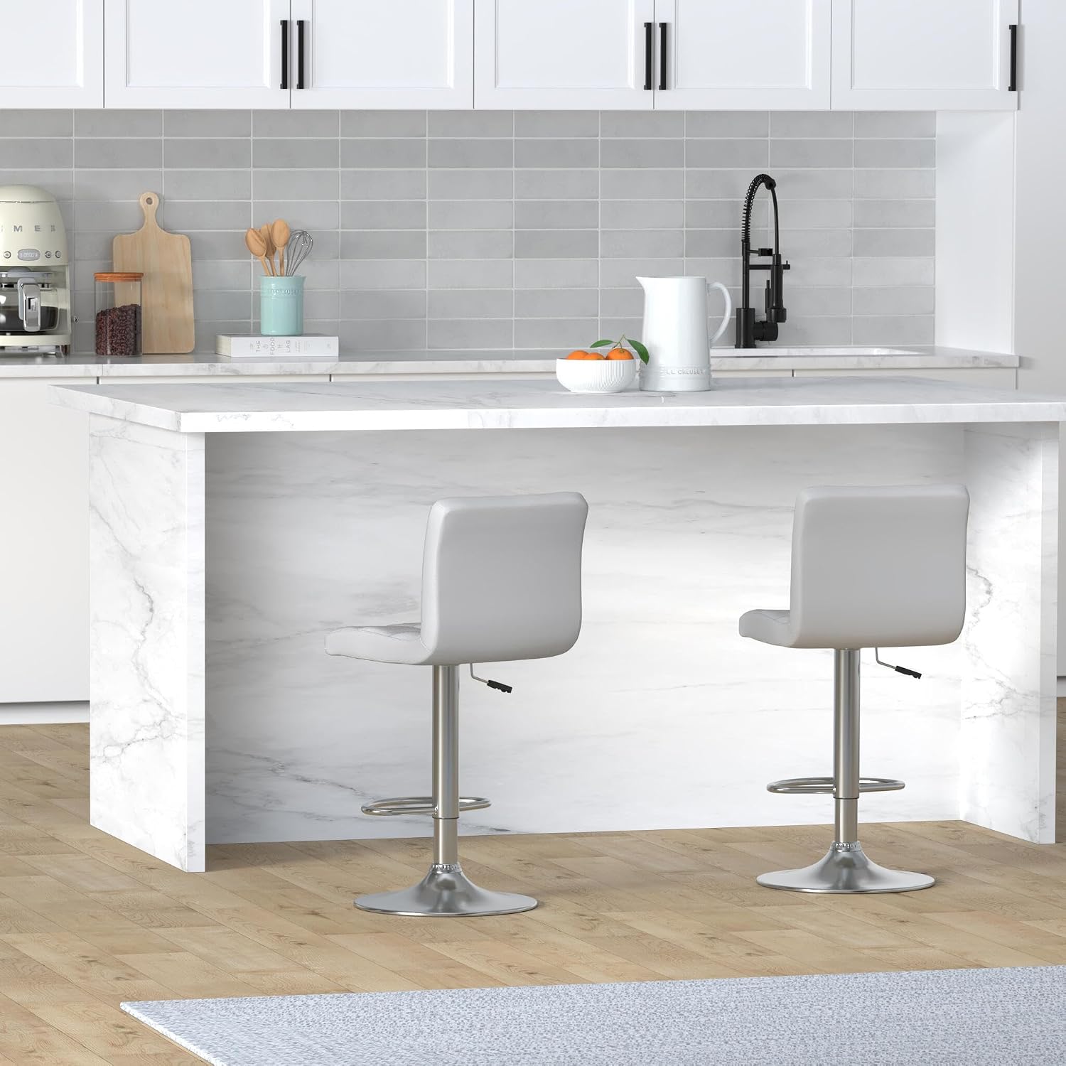 Leopard Bar Stools, Modern PU Leather Adjustable Swivel Bar Stool with Back, Set of 2 (White)