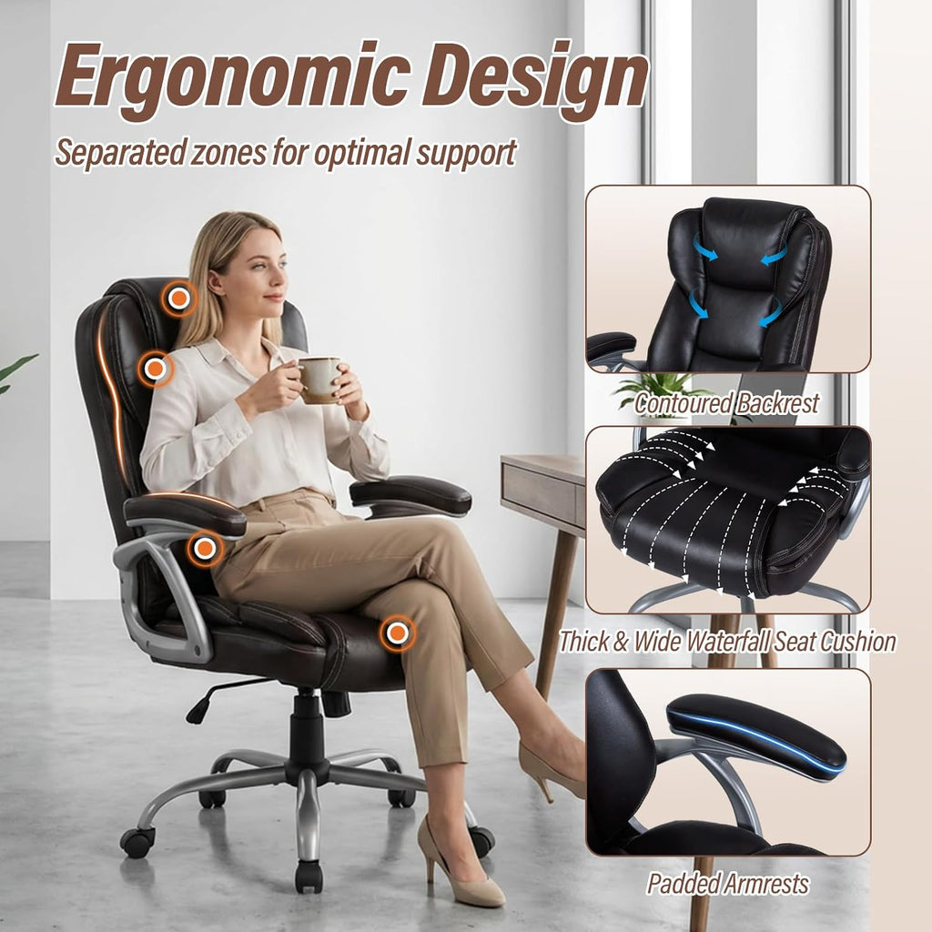 Giantex Executive Office Chair, Leather Ergonomic Computer Desk Chair w/Rocking Function, Padded Seat & Arms, Height Adjustable Gaming Chairs, High Back Rolling Swivel Chair for Home Office (Espresso)