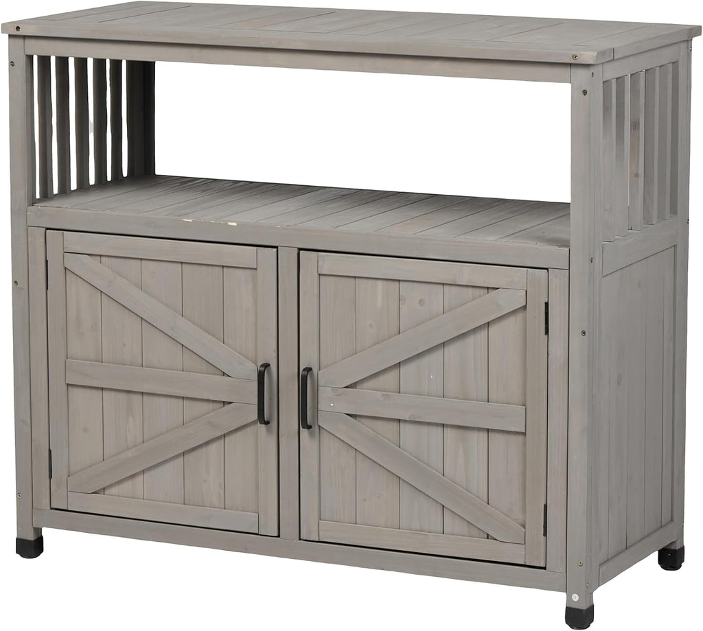 YOPTO Outdoor Wood Storage Cabinet,Garden Patio Bar Table Set with 2 Handles,Buffet Cabinet Sideboard Furniture for Lawn,Grey