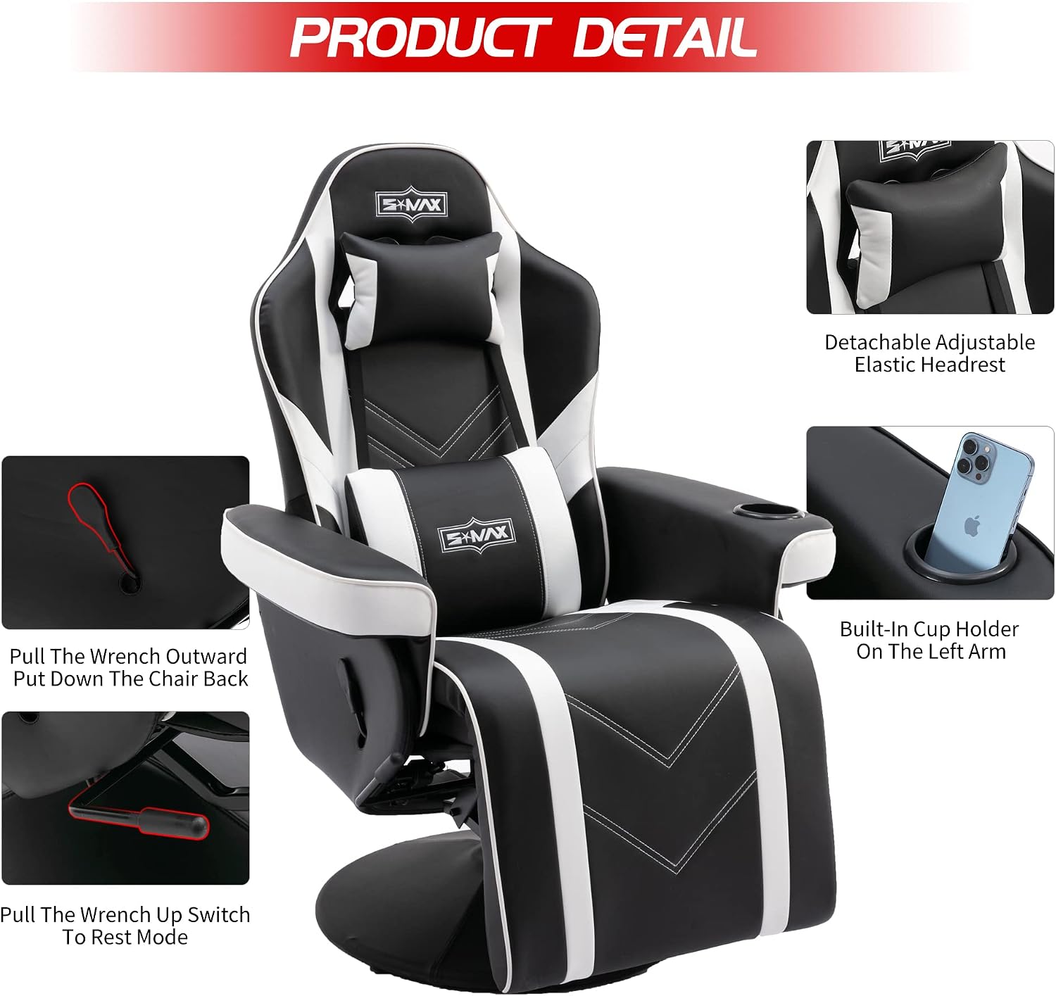 S*MAX Gaming Recliner Chair for Adults Higher Back Wider Lumbar Support Swivel PU Leather with Adjustable Backrest and Footrest Larger Cup Holder Side Pouch Black White X Large