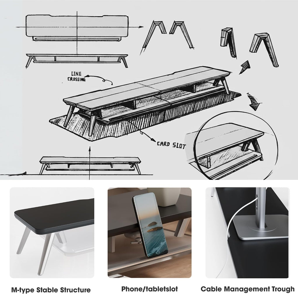 Fenge Dual Monitor Stand, 2 Tiers Acrylic Monitor Riser with LED Lights, 42.5 Inch Wood and Aluminum Desk Shelf with Phone and Tablet Holder