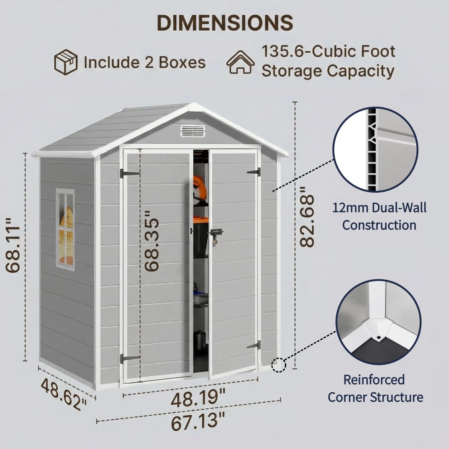 Gizoon 6x4.4 FT Resin Shed with Floor, Plastic Outdoor Storage Shed with Windows, All-Weather Garden Tool Shed with Lockable Doors, Suitable for Backyard & Patio (Grey)