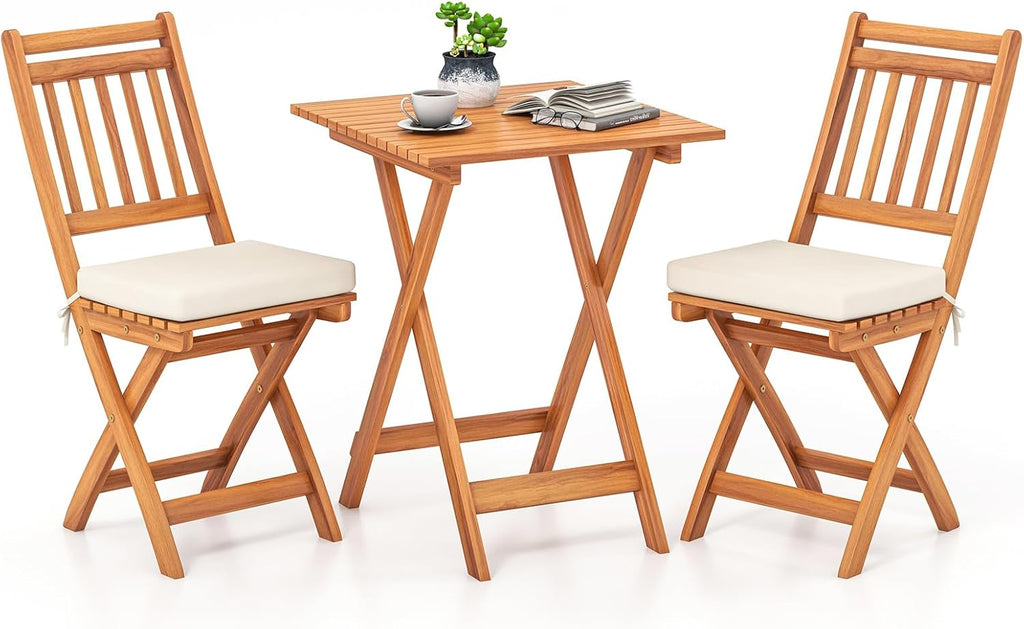 HAPPYGRILL 3-Piece Folding Bistro Set Acacia Wood Patio Furniture Set with Seat Cushions, Outdoor Square Table and Chairs Set of 2 for Backyard, Balcony, Porch, Garden (Back Style B)