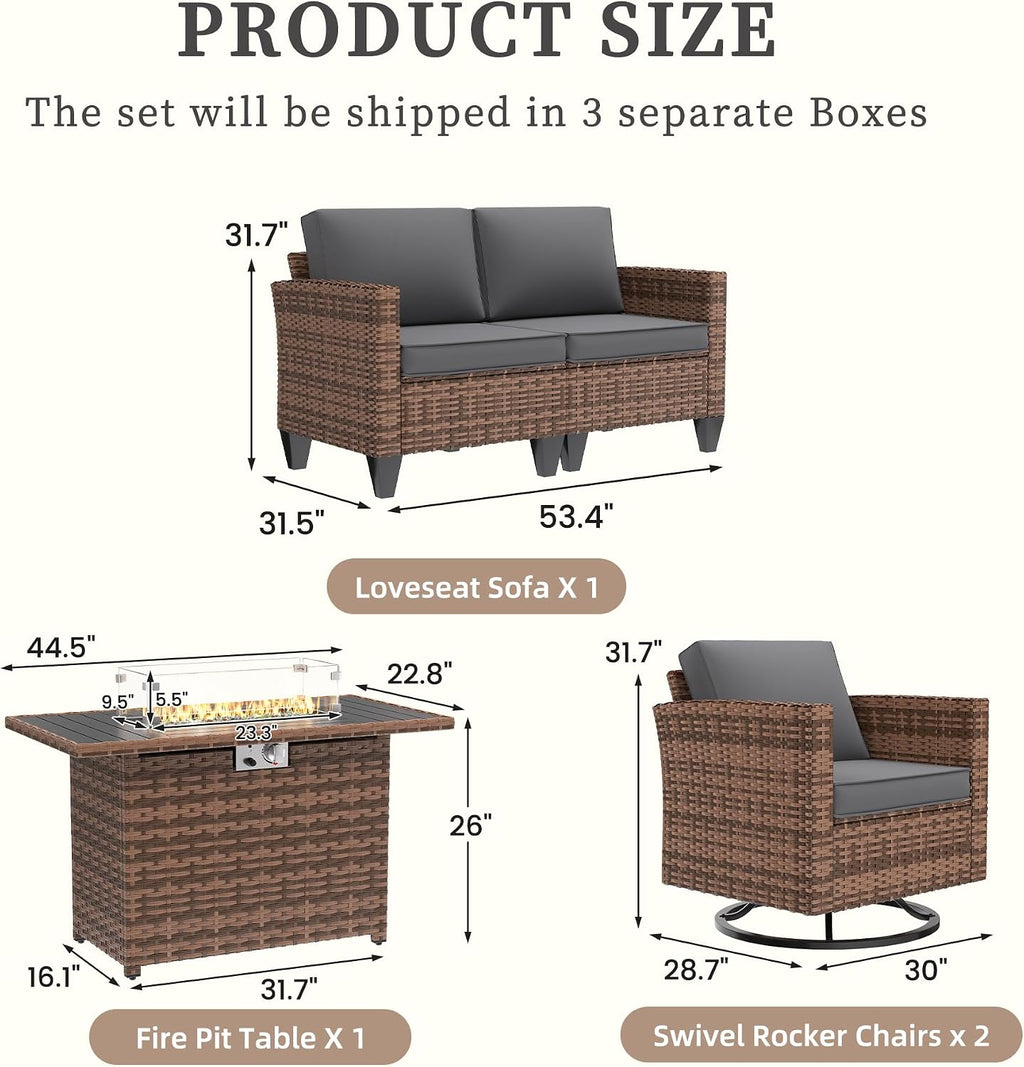 UDPATIO 5 Pieces Patio Furniture Set with Fire Pit Table, Outdoor Furniture Set with Rocking Swivel Chairs, Wicker Patio Set with Waterproof Cover, 4'' Thickened Cushion, Grey