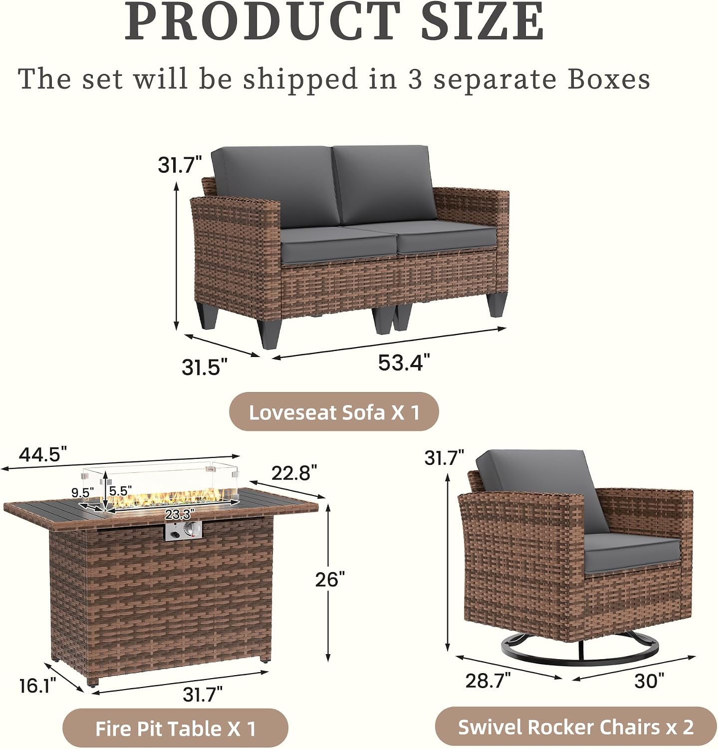 UDPATIO 5 Pieces Patio Furniture Set with Fire Pit Table, Outdoor Furniture Set with Rocking Swivel Chairs, Wicker Patio Set with Waterproof Cover, 4'' Thickened Cushion, Grey