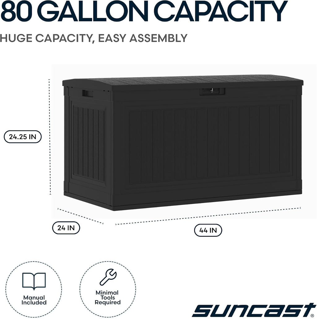 Suncast 80-Gal. Resin Large Outdoor Patio Deck Box with Pad-Lockable Lid, Modern Outdoor Patio Bench/Storage Box for Cushions, Garden Tools, and More, Iron Ore