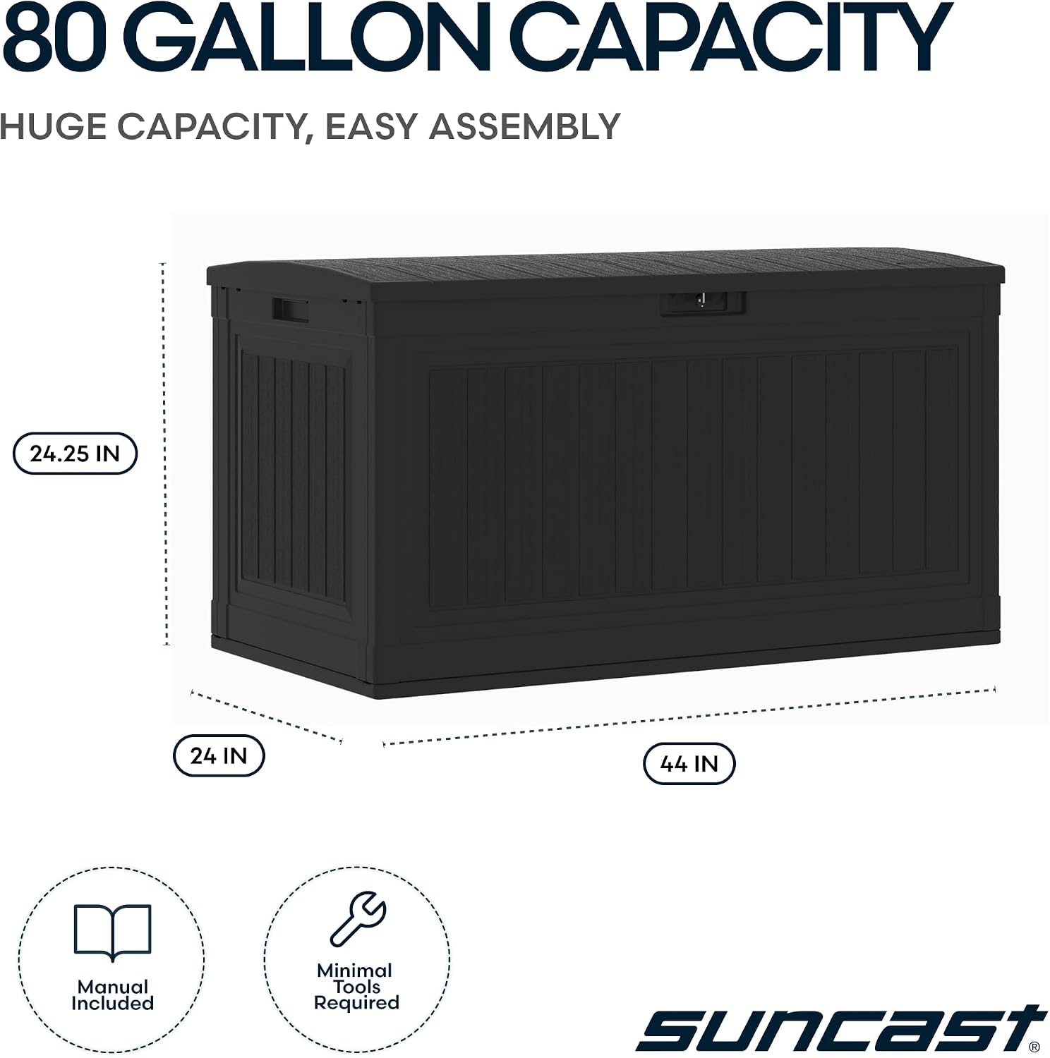Suncast 80-Gal. Resin Large Outdoor Patio Deck Box with Pad-Lockable Lid, Modern Outdoor Patio Bench/Storage Box for Cushions, Garden Tools, and More, Iron Ore