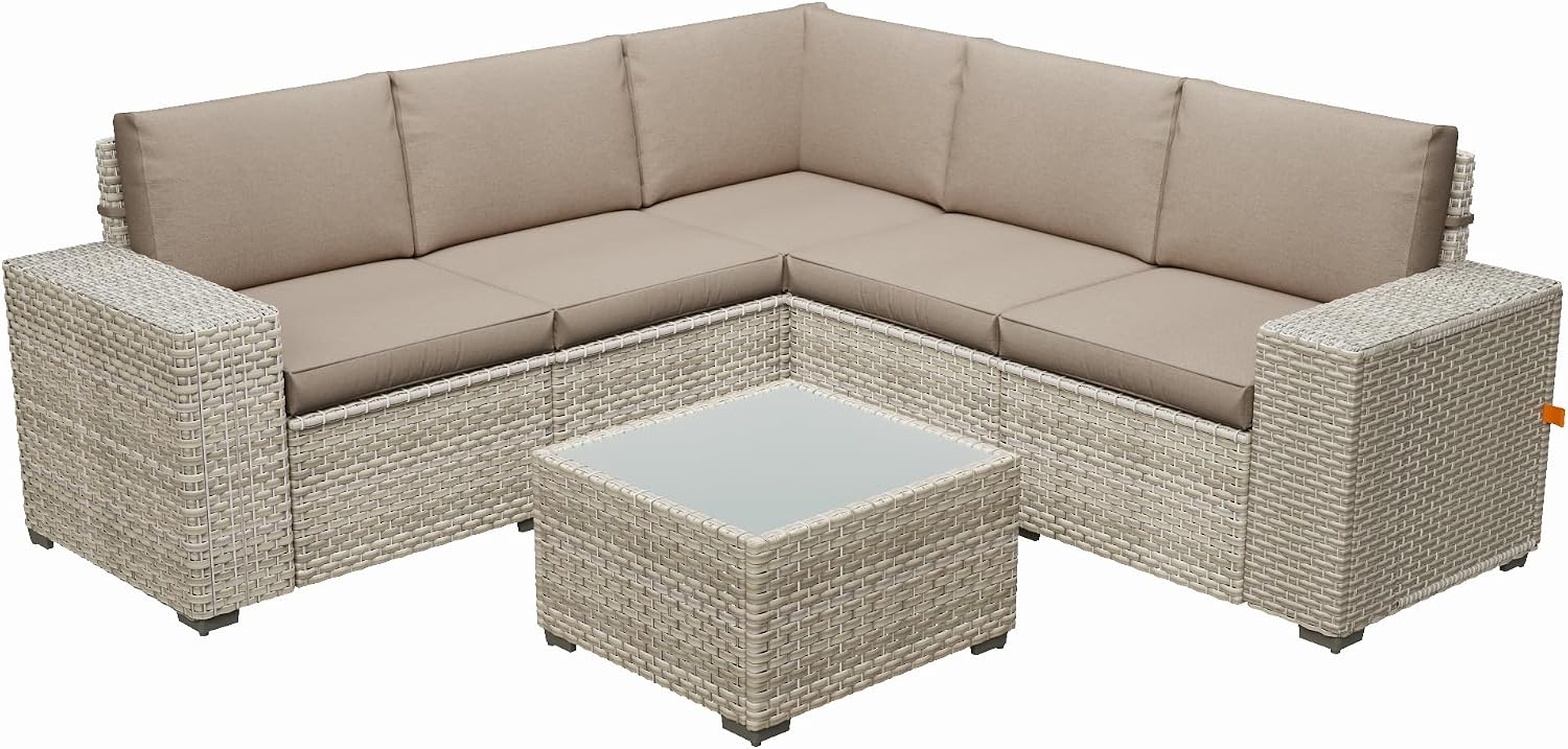 6 Piece Patio Furniture Set, 9.8' Wide Arm Sectional Sofa with Storage Armrests, All-Weather Rattan Outdoor Conversation Set for Garden, Porch, Lawn, Backyard, Balcony, Khaki