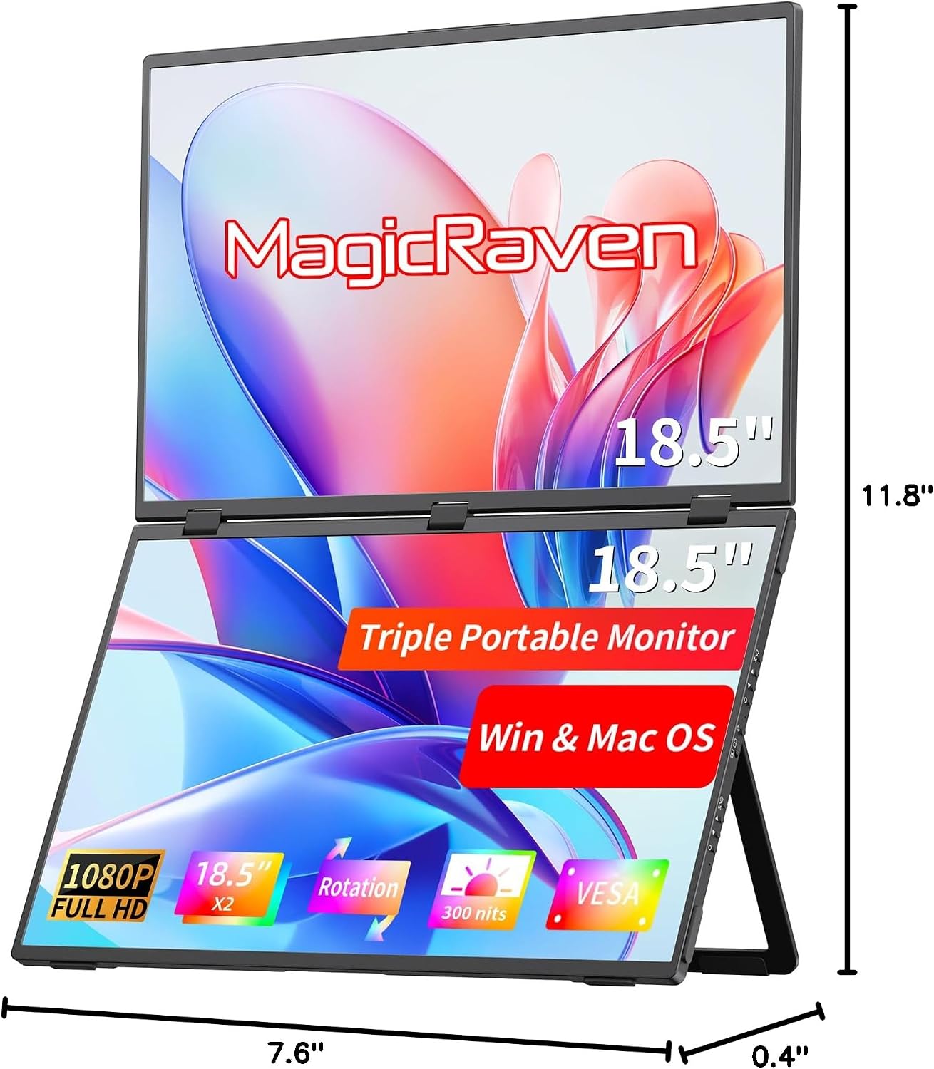 MAGICRAVEN Portable Dual Monitor for Laptop, Foldable Laptop Screen Extender, Plug & Play No Driver, 1080P FHD IPS Triple Screen for Travel & Office, Compatible with Mac, Windows -18.5'