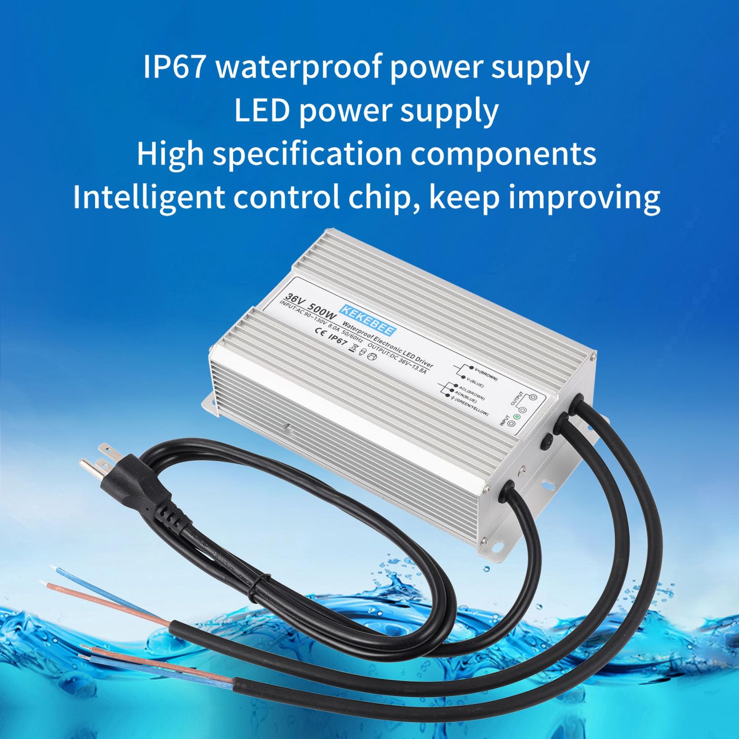 LED driver 36V 500W waterproof power supply AC90-135V to DC36V13.8A IP67 waterproof switching power supply suitable for outdoor LED lighting landscape lights street lights and 36V DC equipment