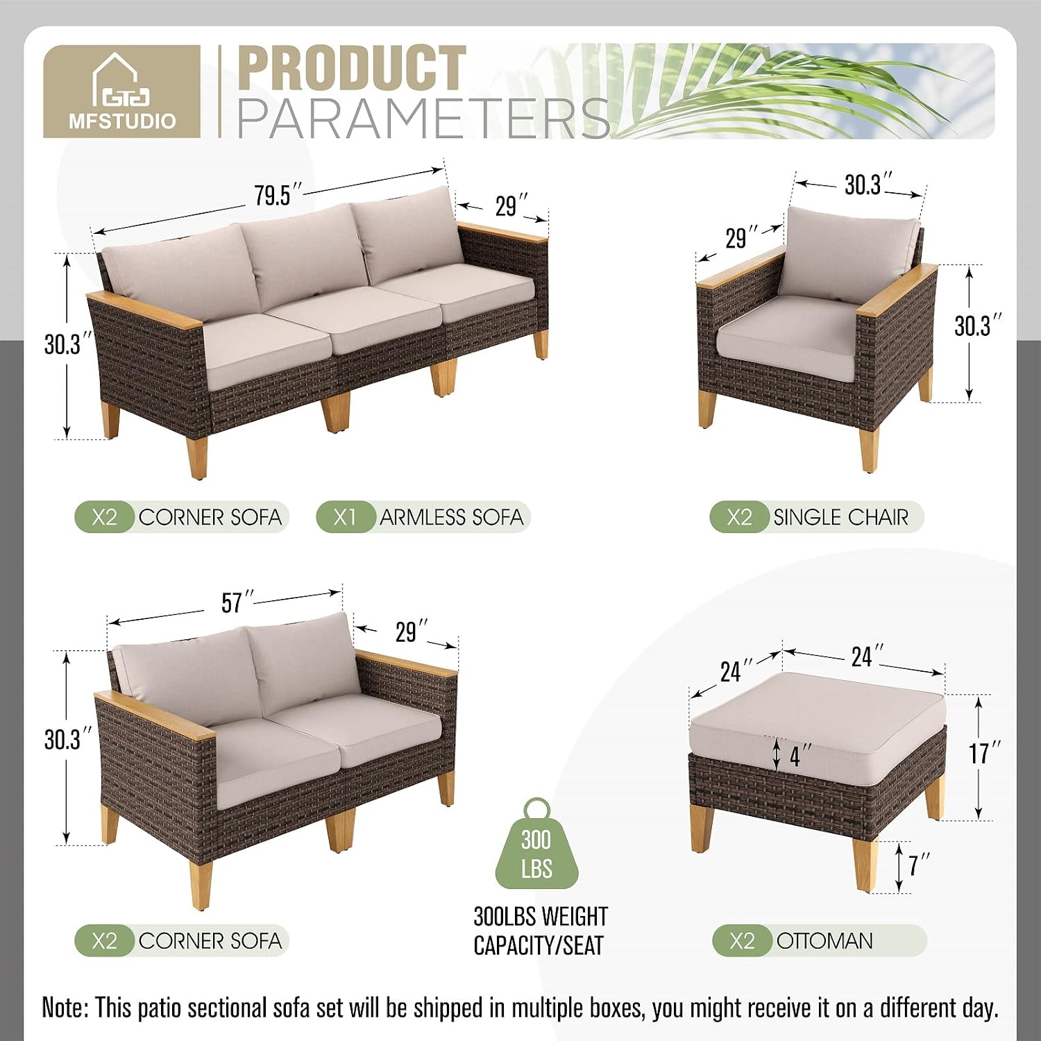 MFSTUDIO 9 Piece Wicker Patio Furniture Set, 2 x Single Chair, 2 x Ottoman, Loveseat Sofa, 3-Seat Sofa, All-Weather Outdoor PE Rattan Patio Conversation Set for Garden, Backyard(Beige Cushions)