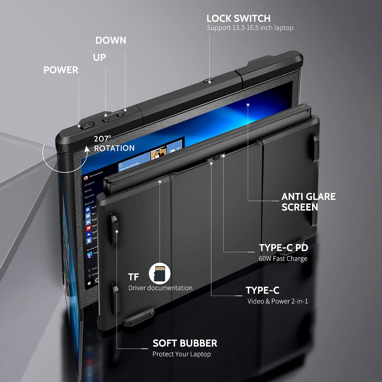 Alecewey P2 PRO Triple Portable Monitor for Laptop Screen, 13.3' FHD 1080p IPS Display, Type-C/PD/TF Support, M1/M2 MacBook, for 13.3'-16.5' Notebook Computers, Windows Phone