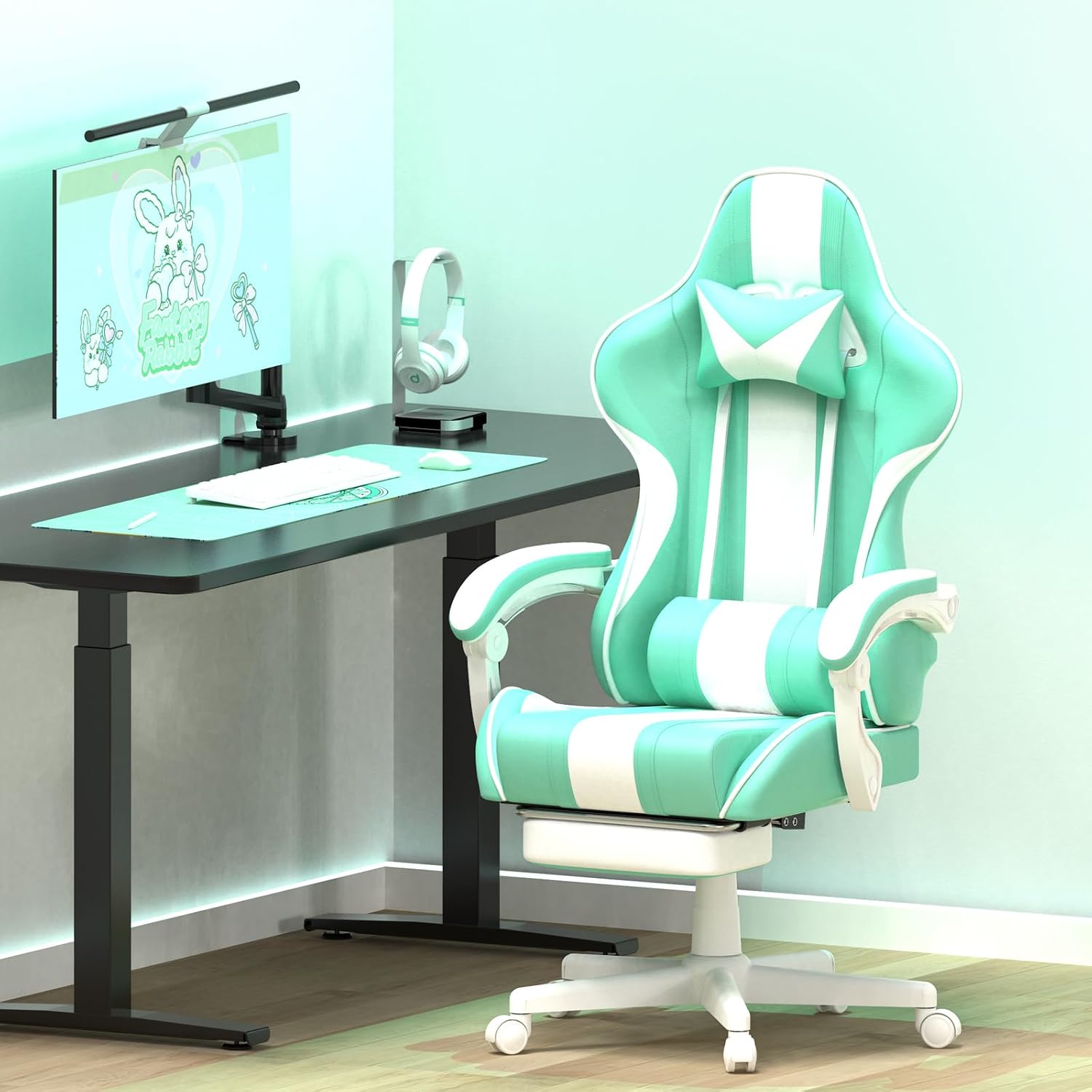 Ferghana Gaming Chairs, Ergonomic Racing Style PC Game Computer Chair with Headrest Lumbar Support Adjustable Recliner PU Leather Video Computer Chair(Light Green)
