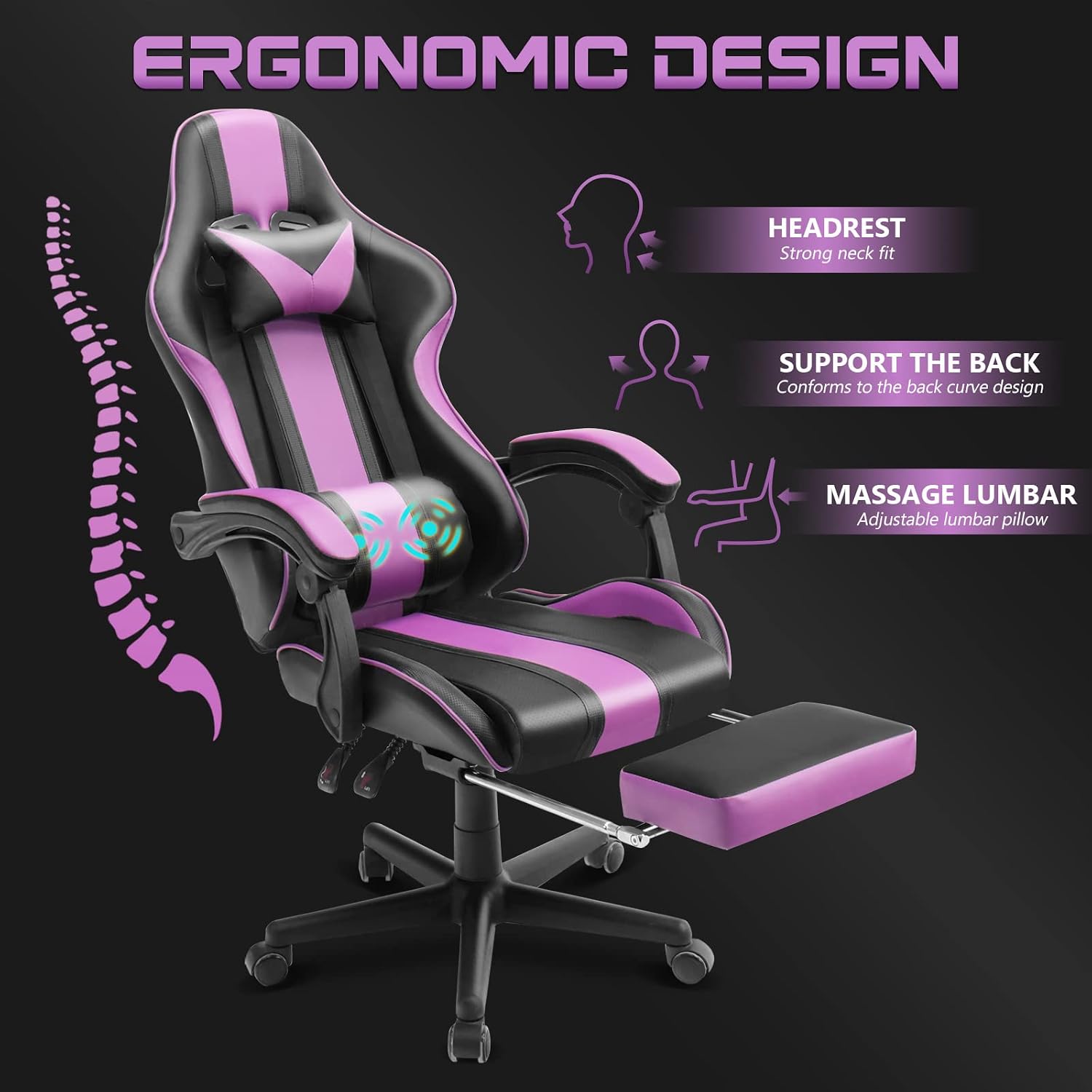Ferghana Gaming Chairs, Ergonomic Racing Style PC Game Computer Chair with Headrest Lumbar Support Adjustable Recliner PU Leather Video Computer Chair(Dark Purple)