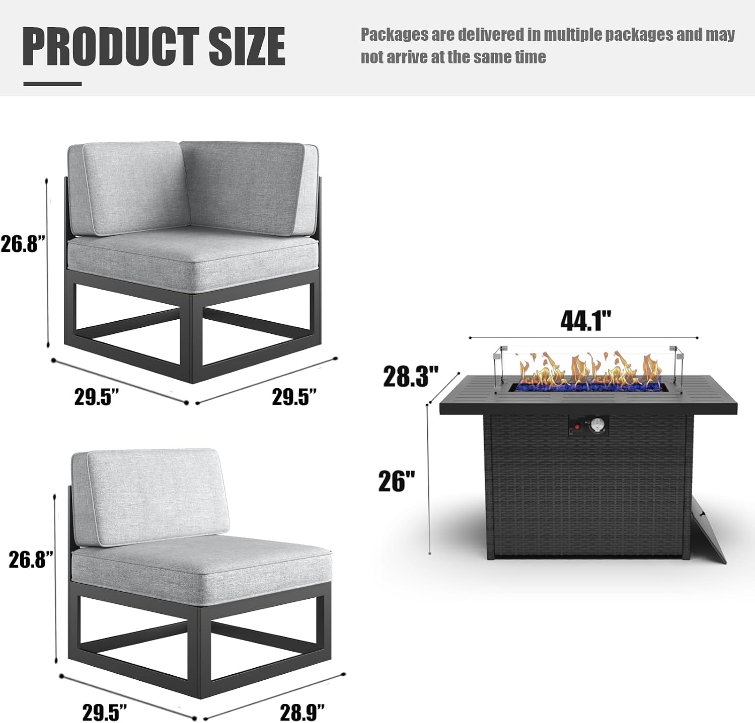 LayinSun Large Aluminum Patio Furniture Set with Fire Pit Table, 6 Pieces Modern Outdoor Conversation Set Sectional Metal Sofa Set with Olefin Cushion