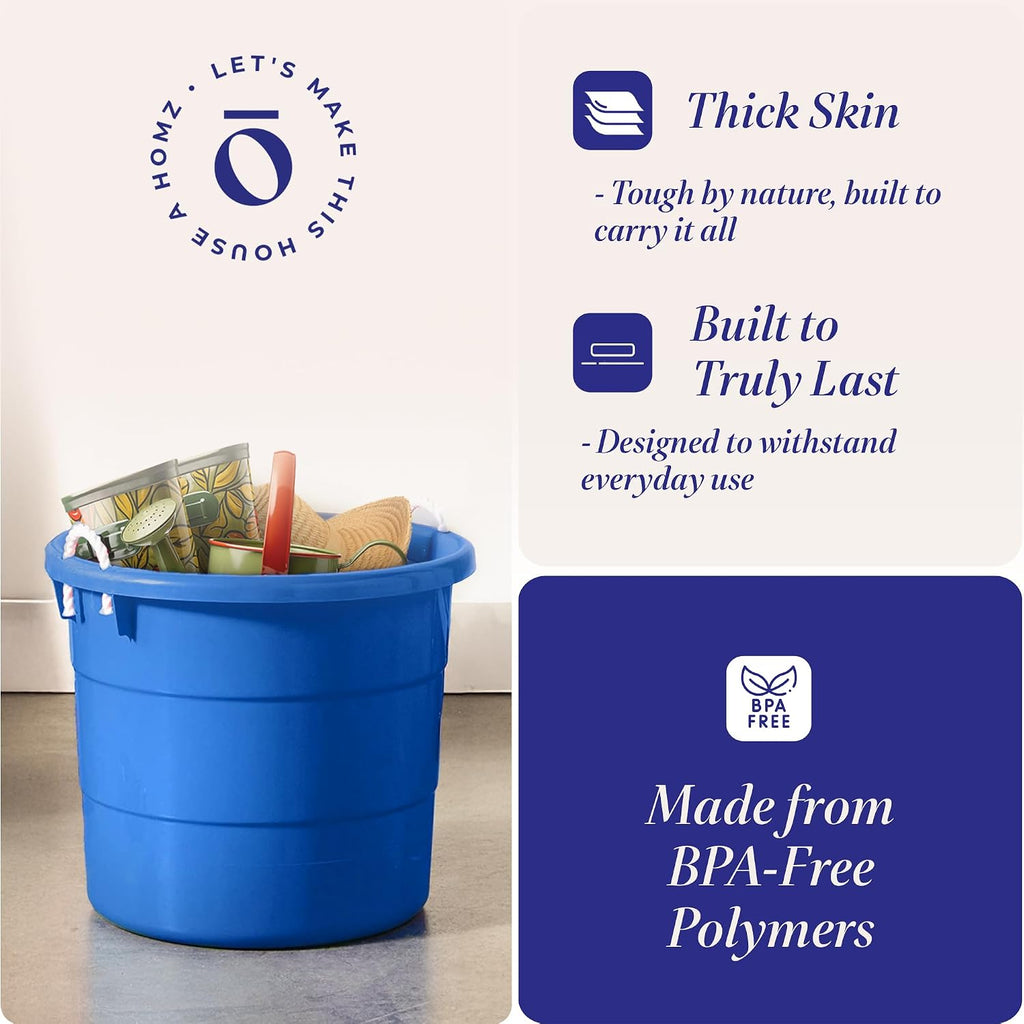 HOMZ 6-Pack Utility Tub, Large Plastic Storage Bucket with Rope Handles, 18 Gallon, Blue - Portable Indoor and Outdoor Buckets for Kitchen, Laundry, Garden, Bathroom, and Garage Organization
