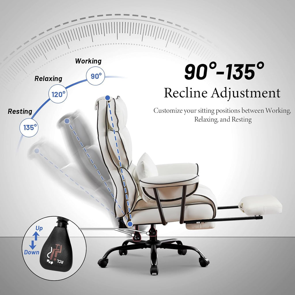 Furniliving Big and Tall Executive Office Chair- Ergonomic, Reclining Desk Chair with Footrest Lumbar Pillow, Height Adjustable Back Leather Chair for Home Office, Pure White