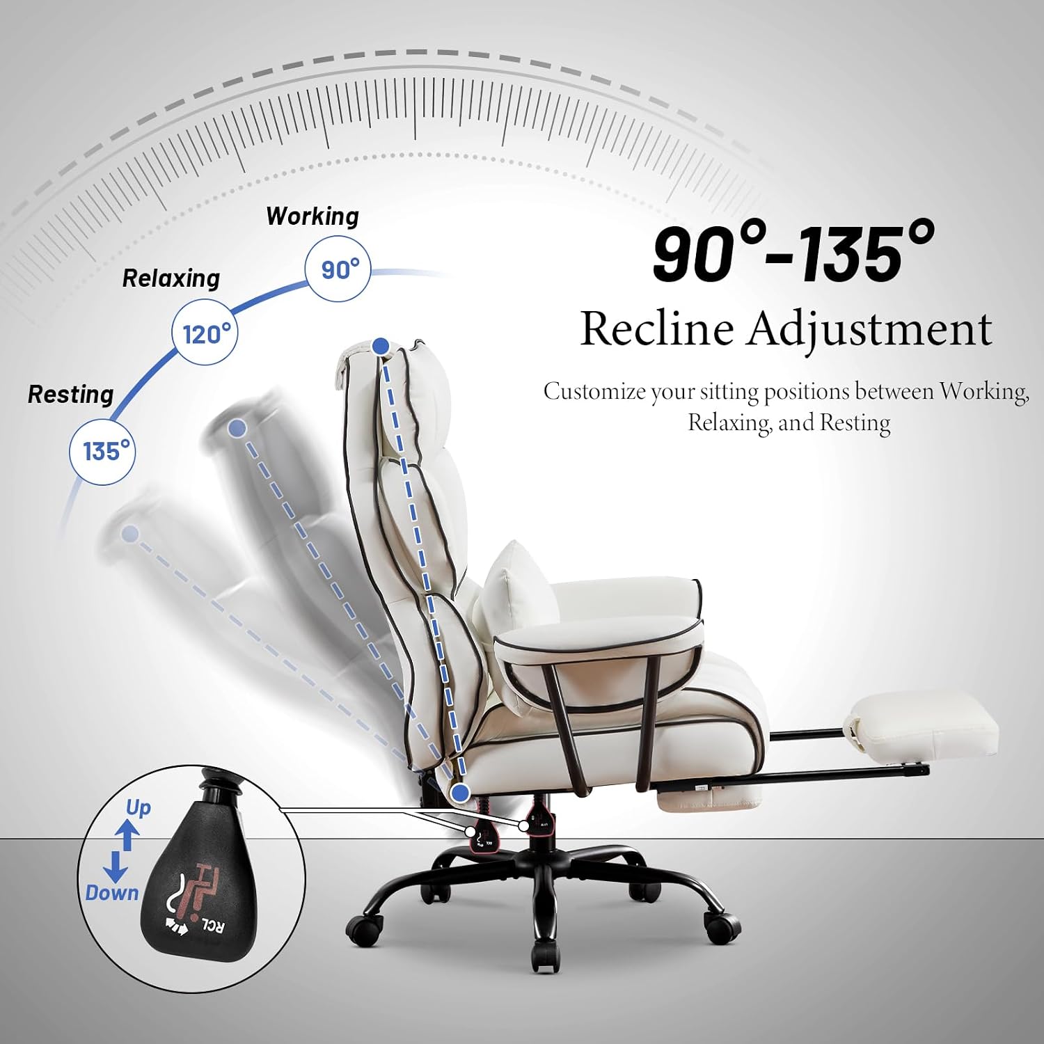 Furniliving Big and Tall Executive Office Chair- Ergonomic, Reclining Desk Chair with Footrest Lumbar Pillow, Height Adjustable Back Leather Chair for Home Office, Pure White