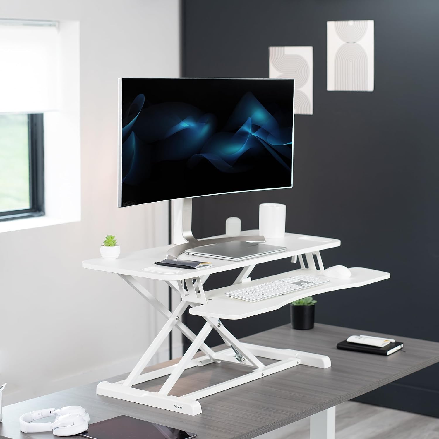 VIVO 38 inch Desk Converter, K Series, Height Adjustable Sit to Stand Riser, Dual Monitor and Laptop Workstation with Wide Keyboard Tray, White, DESK-V037KW