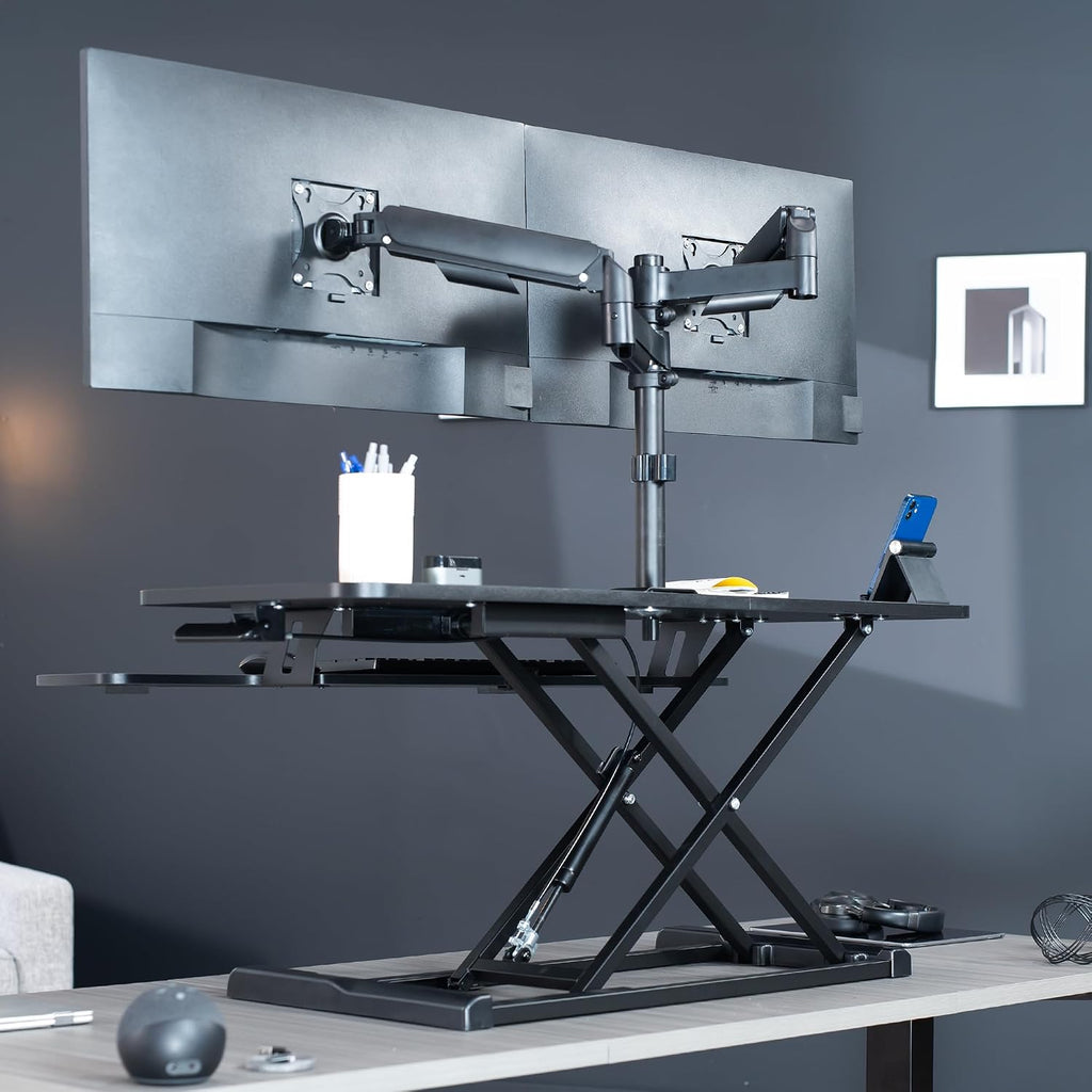VIVO 42 inch Standing Desk Converter with Dual Monitor Mount for up to 32 inch Screens, Height Adjustable Riser with Mechanical Spring Arms, Black, DESK-KIT-042K2K