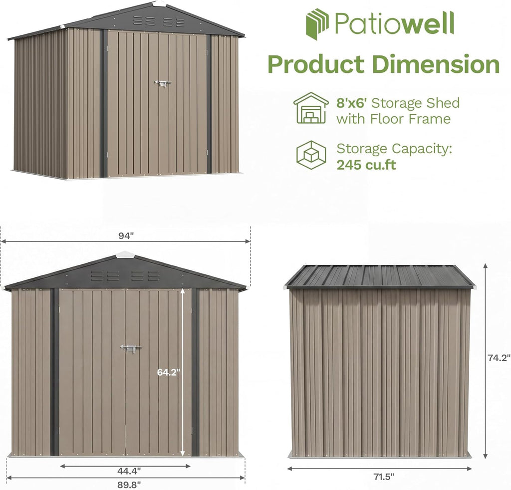 Patiowell 8x6 FT Outdoor Storage Shed with Floor Frame, Metal Garden Patio Sheds with Sloping Roof and Lockable Door, Waterproof Steel Tool Shed for Backyard Garden Lawn, Brown