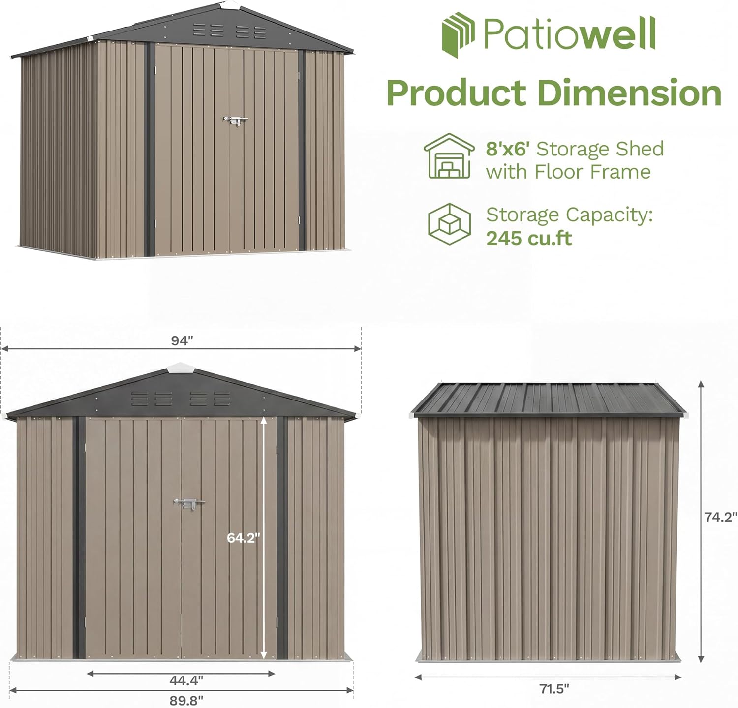 Patiowell 8x6 FT Outdoor Storage Shed with Floor Frame, Metal Garden Patio Sheds with Sloping Roof and Lockable Door, Waterproof Steel Tool Shed for Backyard Garden Lawn, Brown