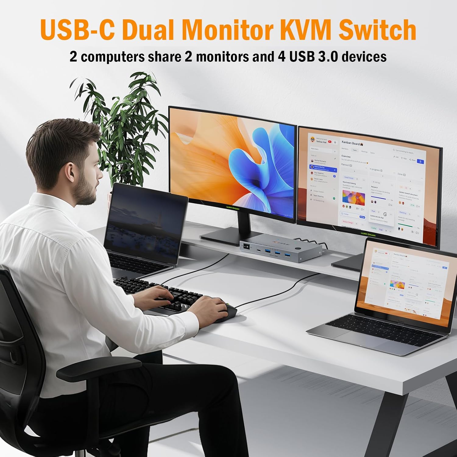 4K60Hz Dual Laptop USB C KVM Switch Dual Monitor, Share 4 USB 3.0 Devices & PD 80W Charging, Plug and Play with Wired Remote and 2 USB-C 3.1 Cables