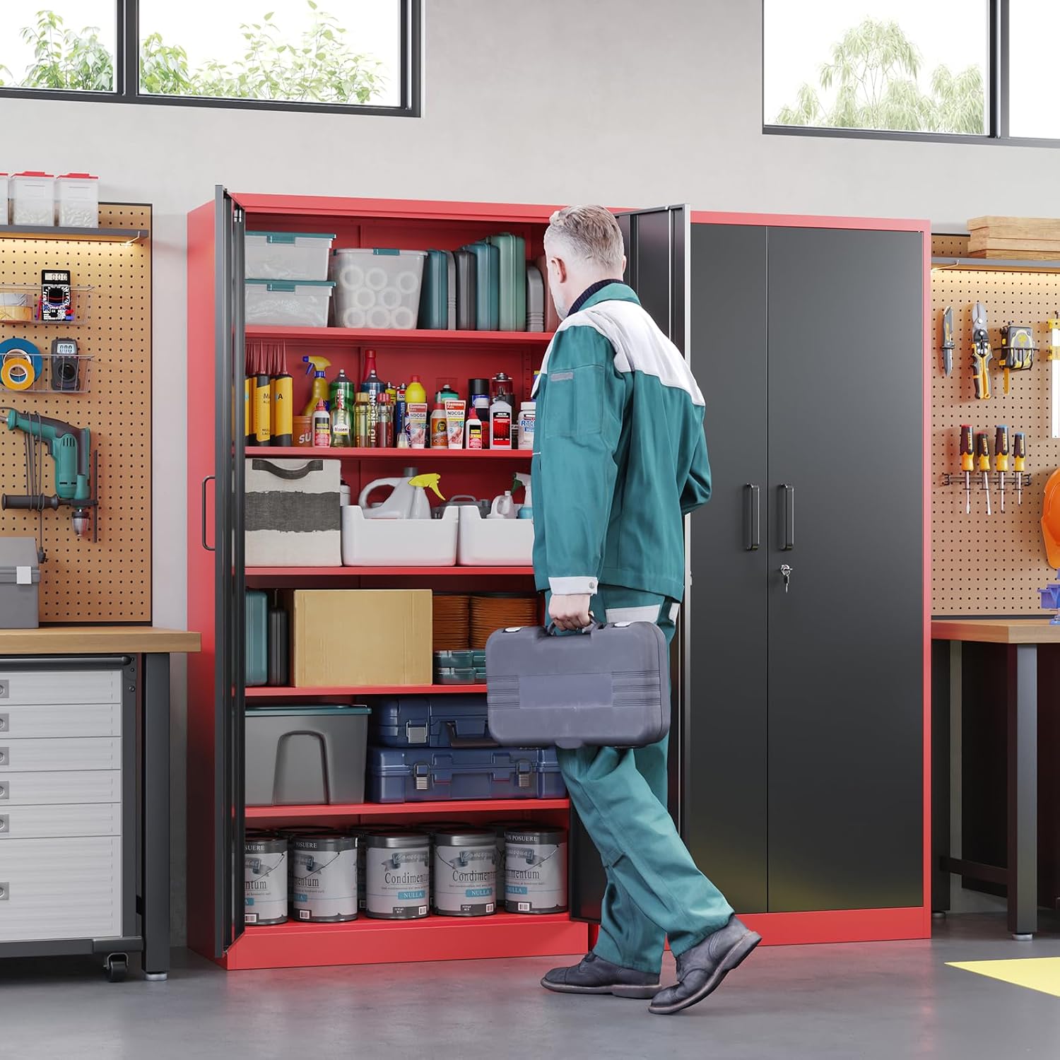 Letaya Metal Garage Storage Cabinets with Lock, 71' Tall Locker Organizer Steel Tool Cabinets,5 Adjustable Shelves 2 Doors for Home Office, Warehouse,Garage,Industrial,Employee (Black Red)
