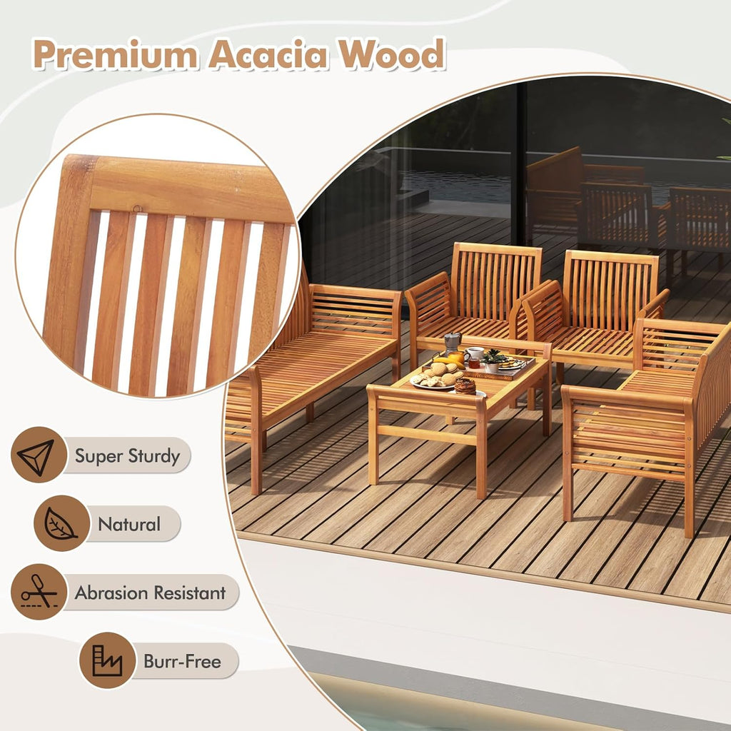 Tangkula 5 Pieces Acacia Wood Patio Furniture Set, Wood Outdoor Conversation Set with 3-Seat Bench, Loveseat, 2 Armchairs & Coffee Table, Cushioned Outdoor Sofa Set for Poolside, Porch, Balcony