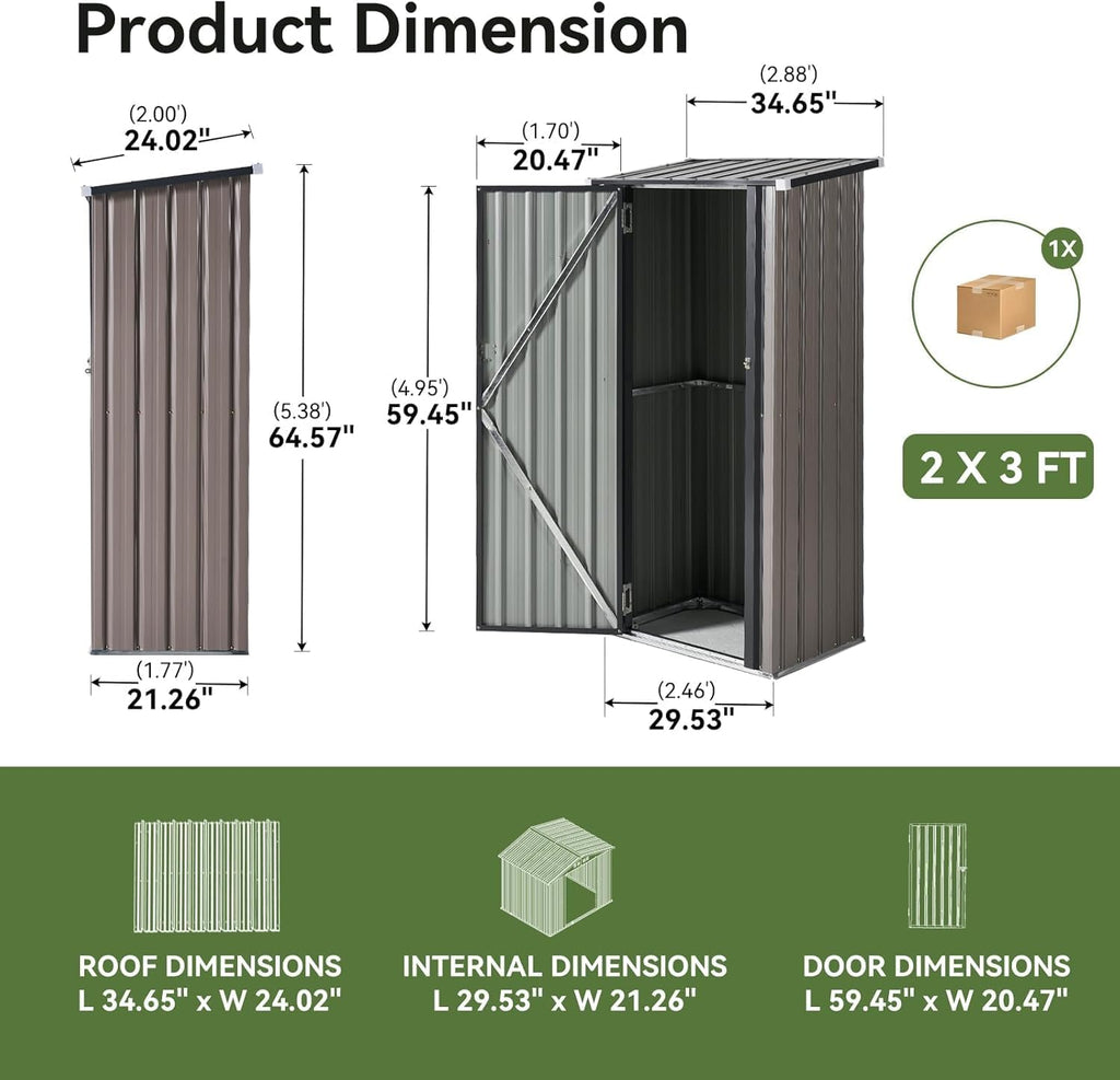 Aoxun 3'x2.1' Outdoor Metal Storage Shed with Lockable Doors, Steel Utility Tool Shed, Metal Sheds Outdoor Storage for Garden, Patio, Backyard and Lawn, Brown