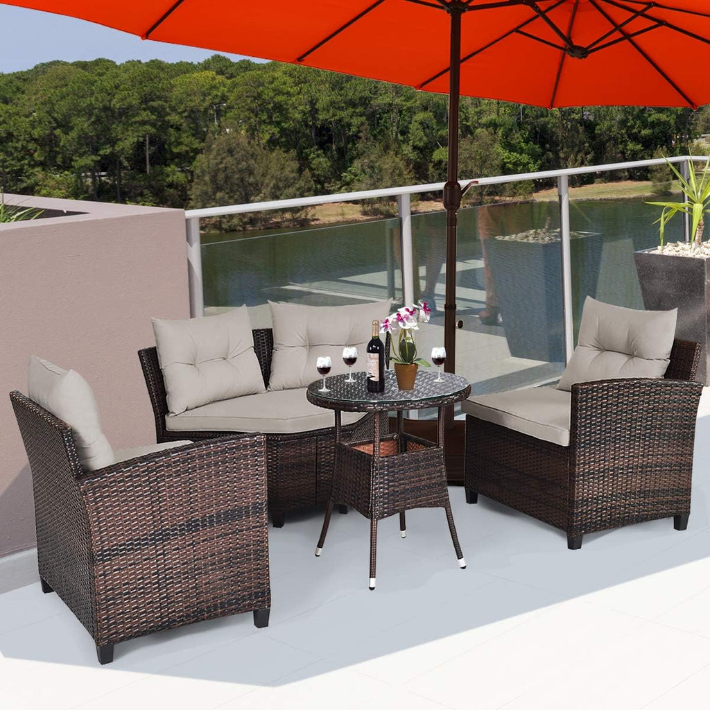HAPPYGRILL 4 Pieces Rattan Patio Conversation Set, Outdoor Wicker Furniture Set with Cushioned Sofas and Coffee Table, L-Shape Sectional Curved Sofa Set for Garden Poolside Balcony