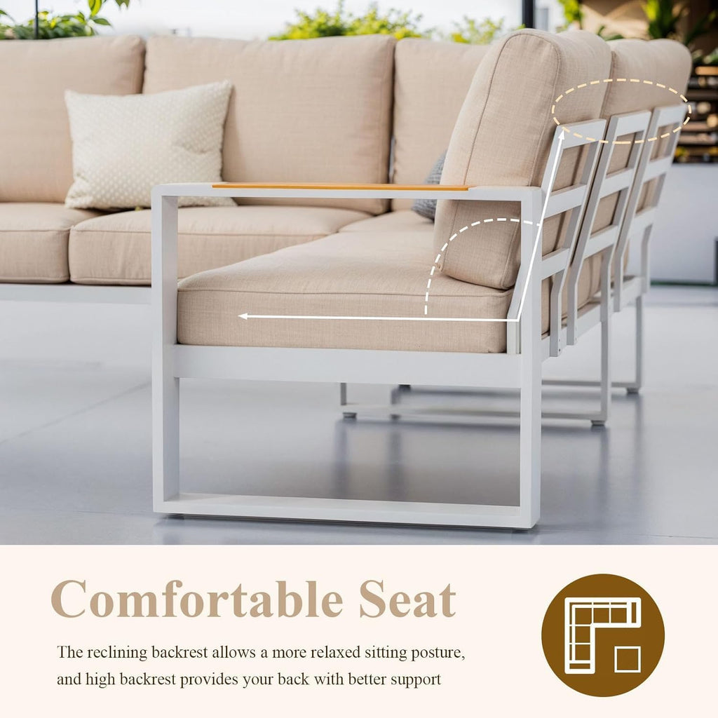 Aluminum Patio Furniture Set, All-Weather Outdoor Couch Sectional, L Shaped Patio Conversation Sets, Metal Corner Sofa with Teak Coffee Table (Cushion: Beige, White Frame)